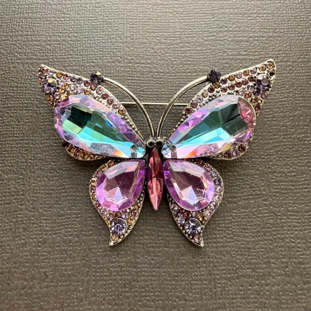 Pink Iridescent Rhinestone Butterfly Brooch Silver Tone Statement Jewelry Pin